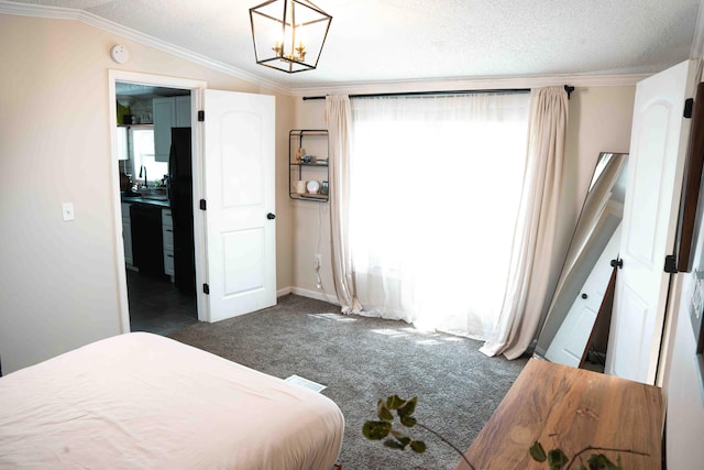 11005 Elm Ave, Howard City, MI 49329 - bedroom with dark carpet, a chandelier, ornamental molding, a textured ceiling, and baseboards