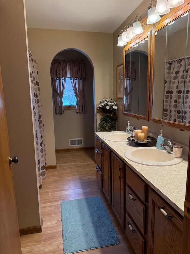 275 Madison St, Port Austin, MI 48467 - bathroom featuring visible vents, wood finished floors, baseboards, and a sink