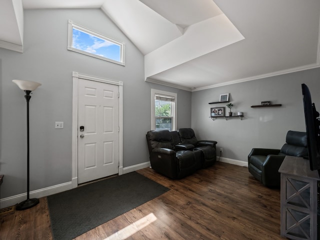 foyer featuring baseboards, high vaulted ceiling, and wood finished floors