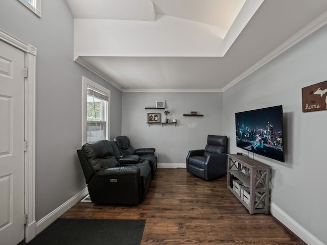 living room with crown molding, baseboards, and dark wood-style floors