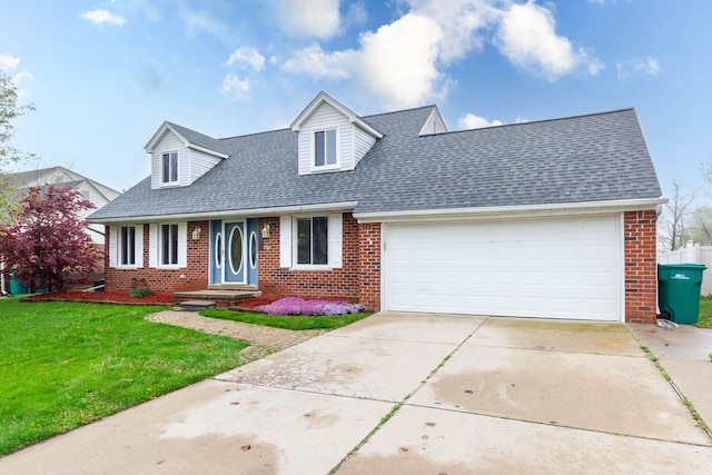cape cod house with driveway, brick siding, an attached garage, roof with shingles, and a front lawn