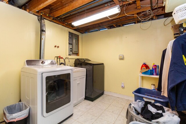 laundry room with washer and clothes dryer, electric panel, and cabinet space