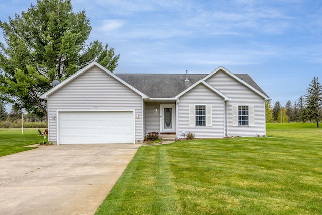 ranch-style house featuring roof with shingles, concrete driveway, a garage, and a front lawn