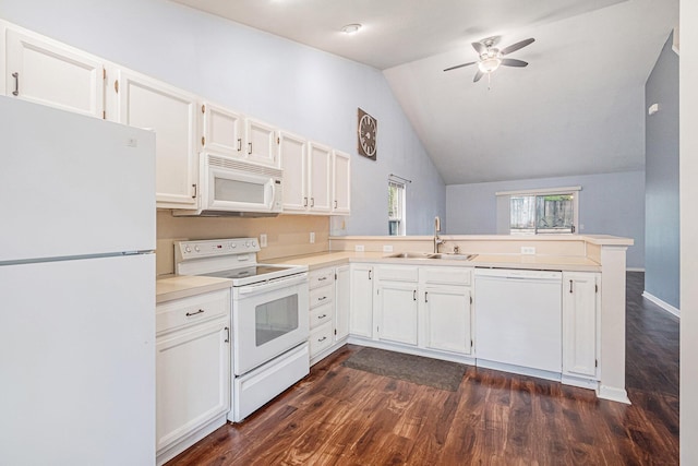 kitchen with a sink, white appliances, a ceiling fan, and dark wood-type flooring