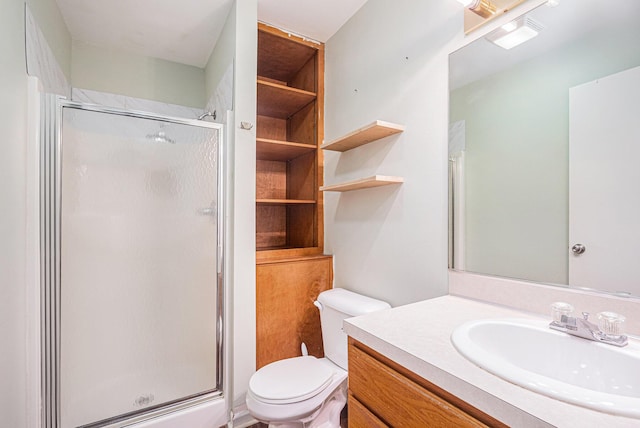 full bathroom featuring vanity, toilet, and a shower stall