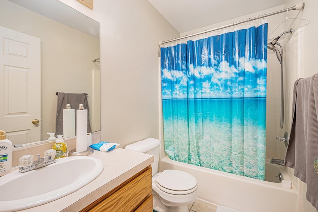 bathroom with vanity, shower / bathtub combination with curtain, and toilet