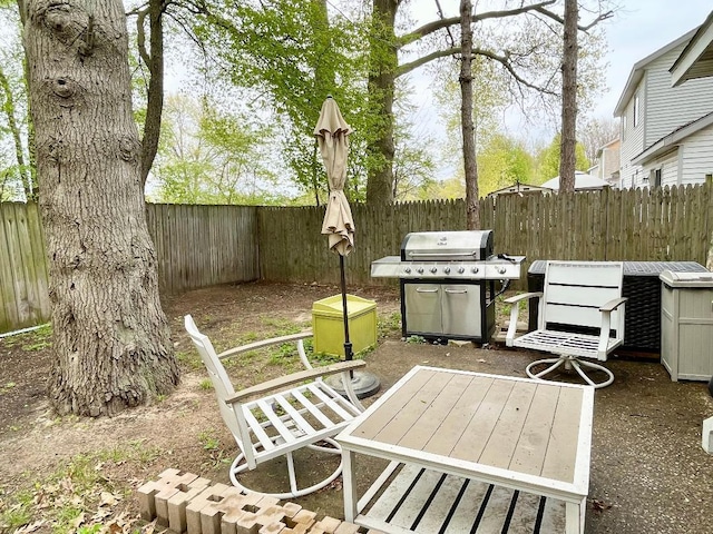 view of patio featuring a fenced backyard and a grill
