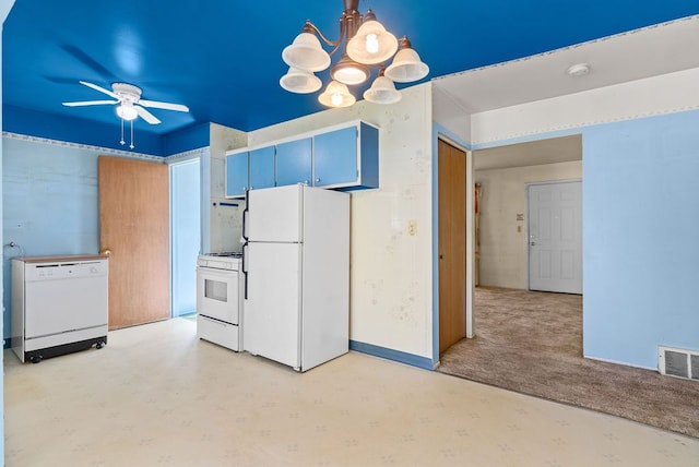 kitchen featuring white appliances, blue cabinetry, a ceiling fan, a chandelier, and light carpet