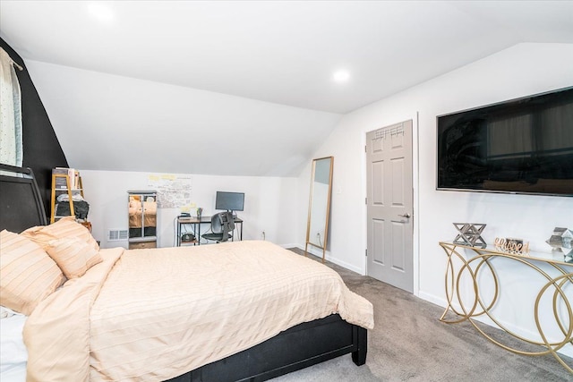 carpeted bedroom featuring lofted ceiling, recessed lighting, baseboards, and visible vents
