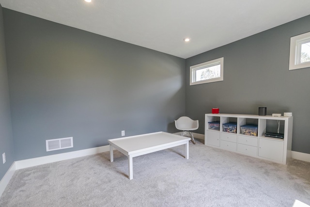 rec room with recessed lighting, visible vents, baseboards, and carpet floors