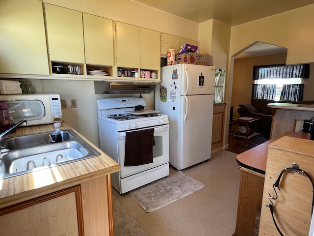 1452 E Madge Ave, Hazel Park, MI 48030 - kitchen featuring white appliances, a sink, arched walkways, and wooden counters