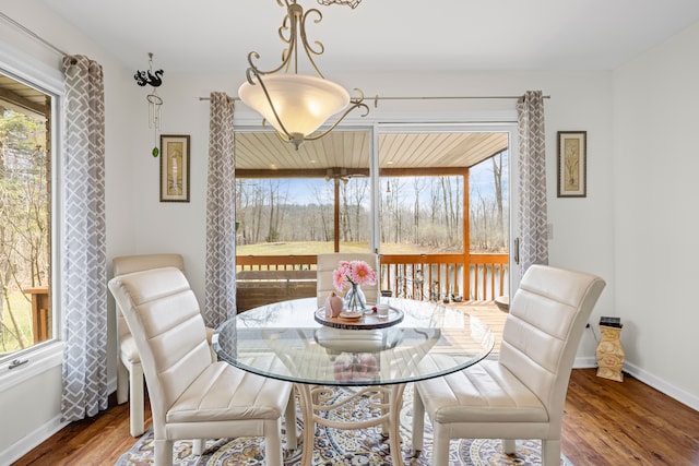 dining area with baseboards, a healthy amount of sunlight, and wood finished floors