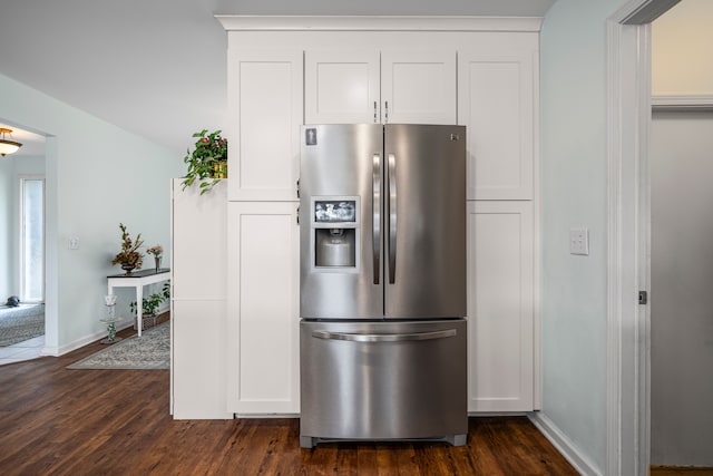 kitchen featuring baseboards, stainless steel fridge with ice dispenser, white cabinets, and dark wood-style floors