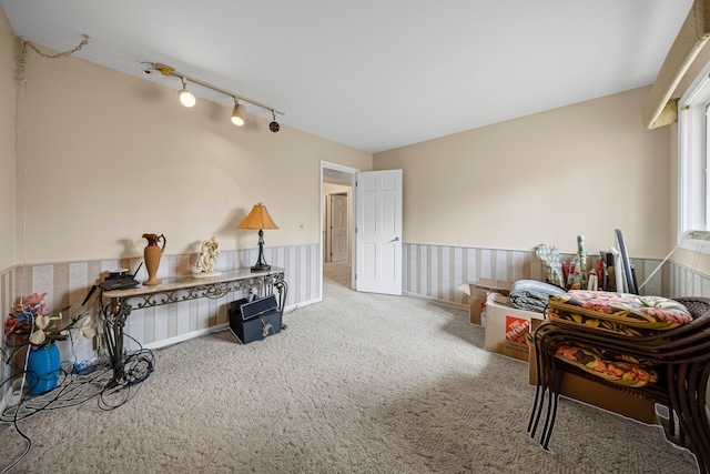 living area featuring carpet flooring and track lighting