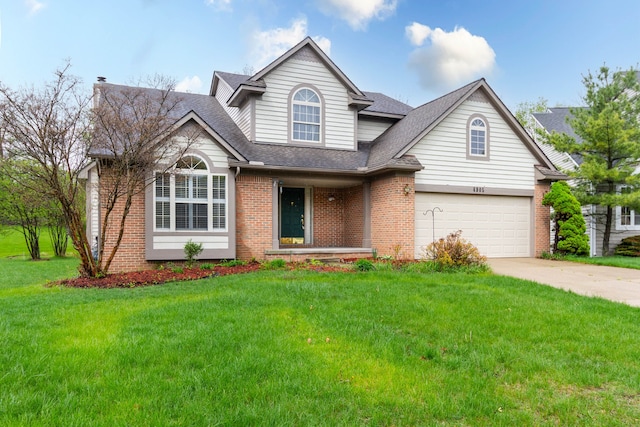 traditional home featuring brick siding, concrete driveway, a shingled roof, and a front lawn