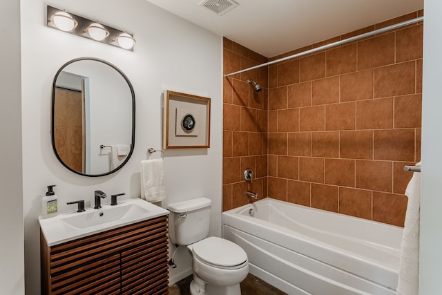 full bath with  shower combination, toilet, visible vents, and vanity