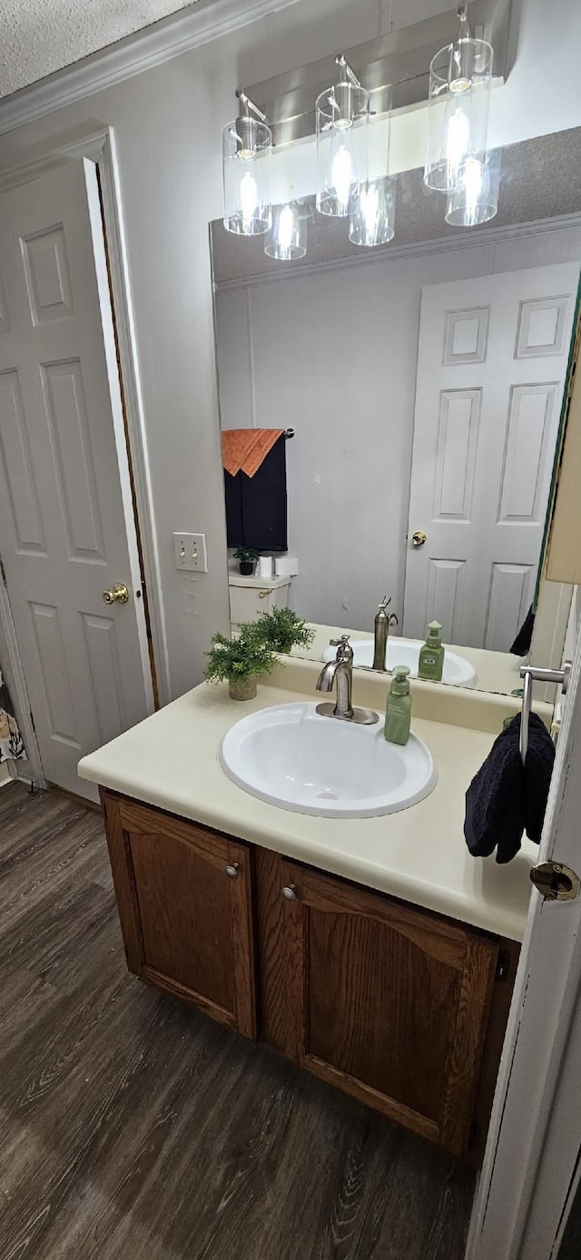 bathroom with wood finished floors, vanity, and crown molding
