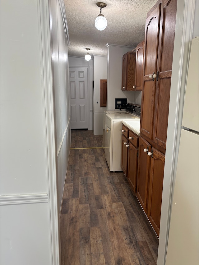 washroom with cabinet space, a textured ceiling, and dark wood finished floors