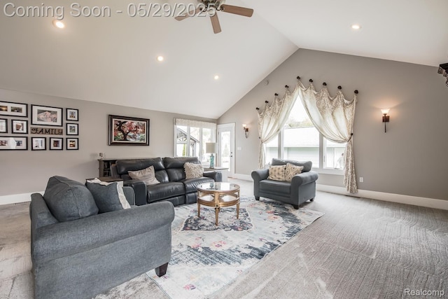 61 Cutting Dr, Troy, MI 48085 - living area with ceiling fan, carpet, baseboards, recessed lighting, and high vaulted ceiling