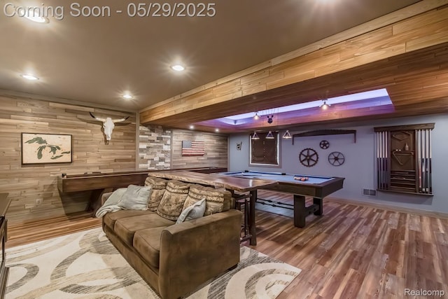 61 Cutting Dr, Troy, MI 48085 - recreation room with wood walls, wood finished floors, billiards table, and recessed lighting