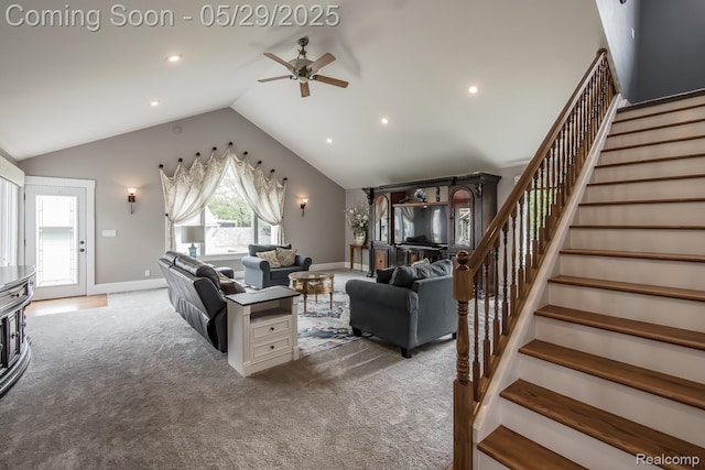 61 Cutting Dr, Troy, MI 48085 - carpeted living area with ceiling fan, stairway, vaulted ceiling, recessed lighting, and baseboards