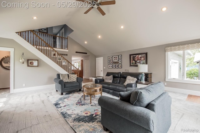 61 Cutting Dr, Troy, MI 48085 - carpeted living area featuring high vaulted ceiling, stairs, recessed lighting, a ceiling fan, and baseboards