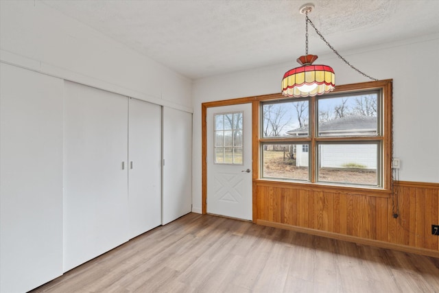 interior space with wooden walls, a wainscoted wall, and light wood-style floors