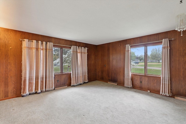 carpeted spare room with a wealth of natural light, wooden walls, baseboards, and a baseboard radiator