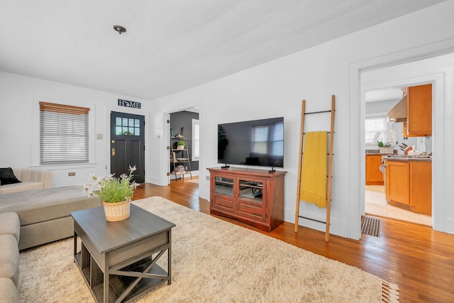 living room with a textured ceiling, visible vents, and light wood-style floors