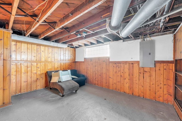 below grade area with wood walls and electric panel