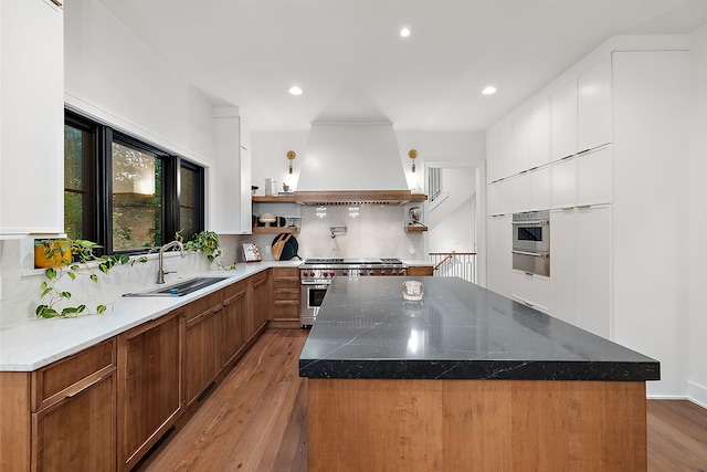 kitchen featuring premium range hood, a sink, wood finished floors, a warming drawer, and appliances with stainless steel finishes