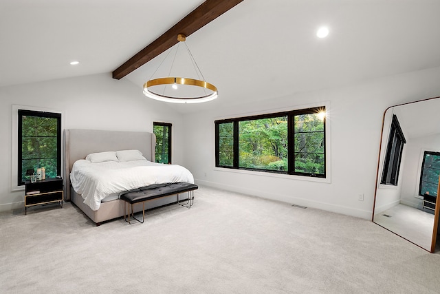 carpeted bedroom featuring recessed lighting, baseboards, visible vents, and vaulted ceiling with beams