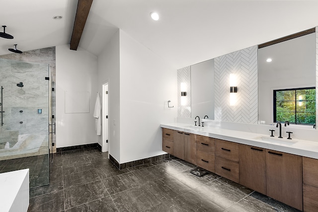 bathroom featuring double vanity, a stall shower, a sink, vaulted ceiling with beams, and baseboards
