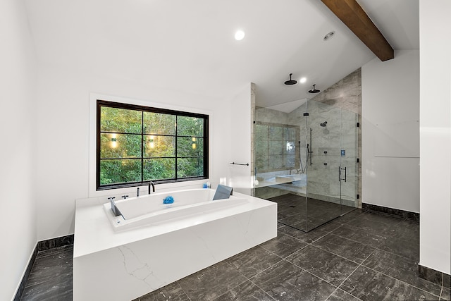 full bathroom with baseboards, marble finish floor, a shower stall, a garden tub, and vaulted ceiling with beams