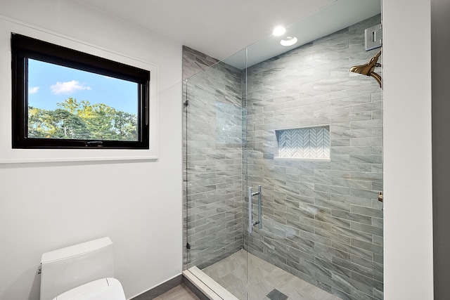 full bath with a shower stall, recessed lighting, and toilet