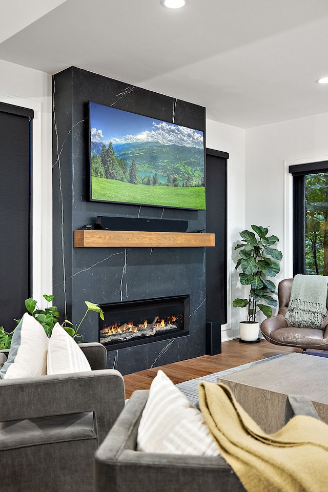 living room featuring wood finished floors, a fireplace, and recessed lighting