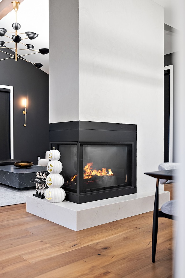 room details featuring wood finished floors and a high end fireplace