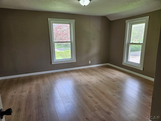 4084 Seneca St, Weston, MI 49289 - spare room featuring hardwood / wood-style flooring, vaulted ceiling, a textured ceiling, and baseboards