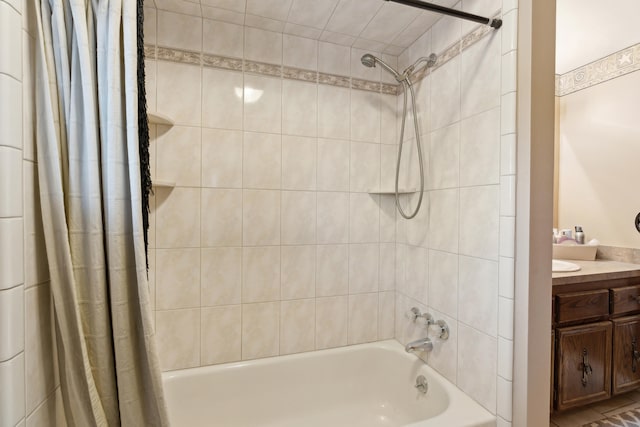 full bath featuring shower / tub combo with curtain and vanity
