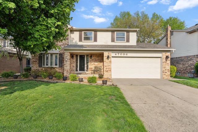 traditional home featuring concrete driveway, brick siding, and a front yard
