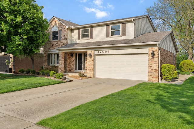 traditional home with a front yard, brick siding, and driveway