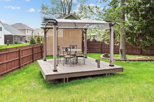 wooden terrace with a yard and a fenced backyard