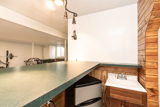 kitchen with a sink and wooden walls