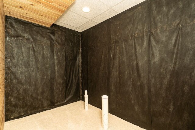 below grade area with carpet flooring and a drop ceiling