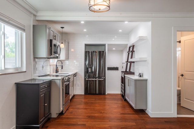 kitchen with stainless steel appliances, dark wood-style floors, open shelves, a sink, and recessed lighting