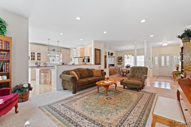5225 Bent Oak Hwy, Adrian, MI 49221 - living area featuring a chandelier, light carpet, and recessed lighting