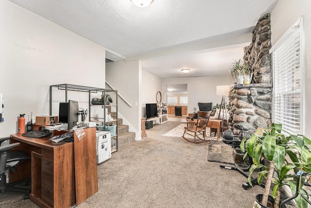 carpeted office featuring a fireplace