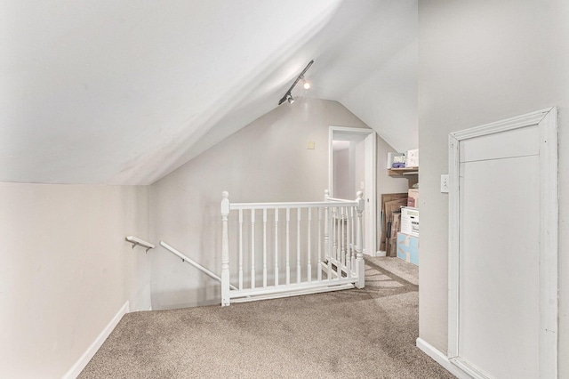 additional living space featuring baseboards, carpet flooring, and vaulted ceiling