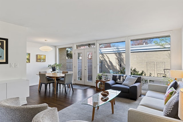 living area with french doors, floor to ceiling windows, and wood finished floors