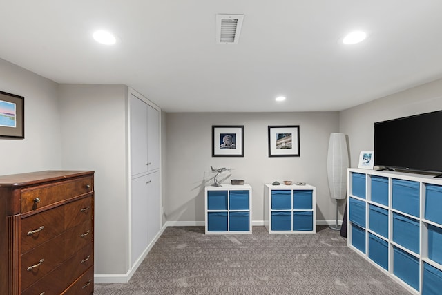 rec room with carpet floors, recessed lighting, and baseboards